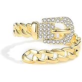 Cubic Zirconia Belt Open Ring for Women Unique Personalized Wrap Adjustable Gold-Tone Plated Statement CZ Crystal Wedding Stacking Middle Thumb Finger Band Cuban Chain Cocktail Party Comfort Fit