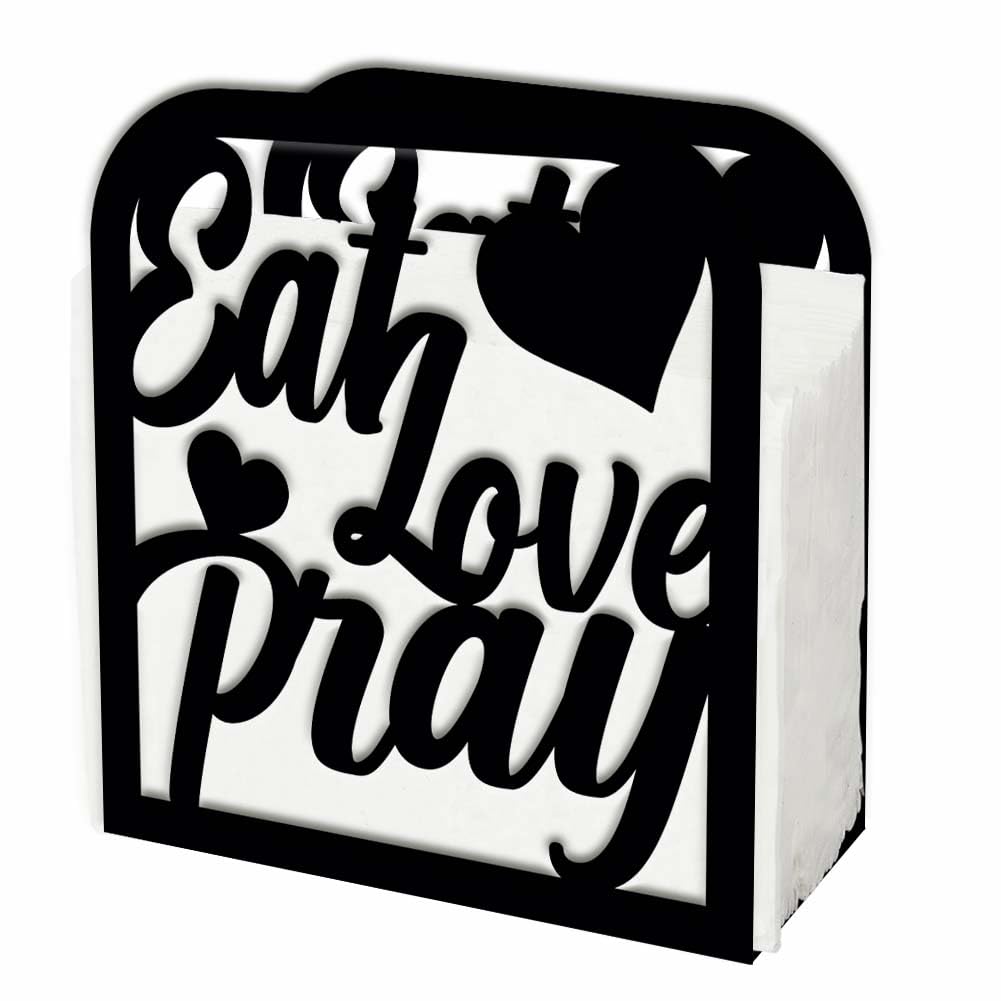 SUPERDANT Heart Napkin Holder Modern Black Metal Paper Holder Eat Love Pray Freestanding Tissue Dispenser Upright Serviette Holder Cocktail Napkin Holder for Kitchen Dining Room Decor 12.5×13.5cm