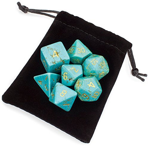 Wiz Dice Set of 7 Handmade Stone 16mm Polyhedral Dice with Velvet Pouch by (Turquoise Magnesite)