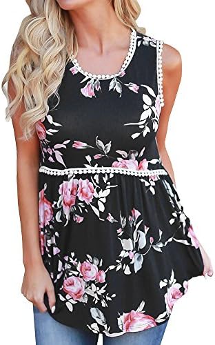 Offergood Women's Casual Sleeveless Off Shoulder Floral Print O Neck Ruffles Tank Tops (Small, Black)