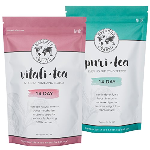 Teas For Weight Loss, Reduce Bloating, Remove Toxins, Boost Energy, Curb Hunger, Burn Fat. Essence of Earth Detox Cleanse Teatox Set - AM Energy Tea + PM Detox Tea. 14 Day Supply Teas For Weight Loss, Reduce Bloating, Remove Toxins, Boost Energy, Curb Hunger, Burn Fat. Essence of Earth Detox Cleanse Teatox Set - AM Energy Tea + PM Detox Tea. 14 Day Supply