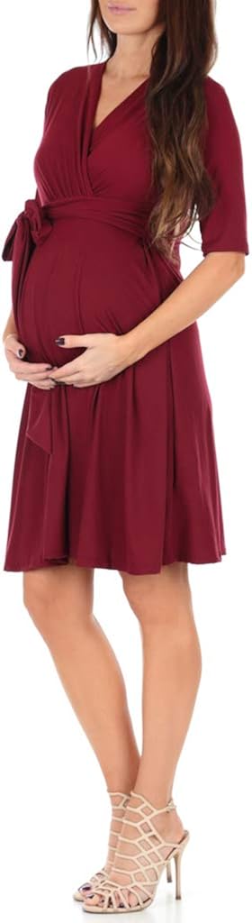 Mother Bee Maternity Women's Knee Length Wrap Dress with Belt for Baby Shower or Casual Wear at  Women’s Clothing store