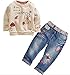 Little Girl's Long Sleeve Cartoon Pullover Shirt and Jeans Pants Outfit Set, Apricot, 5T