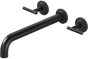 WOWOW Wall Mount Tub Filler: Matte Black Tub Faucet High Flow Two Handles Solid Brass, Long Spout Reach, Bathroom Bathtub Faucets with 2 Handles Tub Faucet with Brass Rough in Valve Included