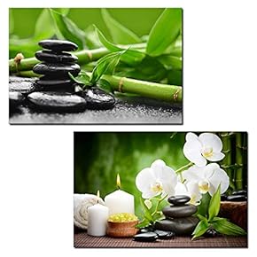 2 Panel Canvas Wall Art - Spa Still Life with Zen Stones Bamboos and Candles - Giclee Print Gallery Wrap Modern Home Art Ready to Hang - 16"x24" x 2 Panels