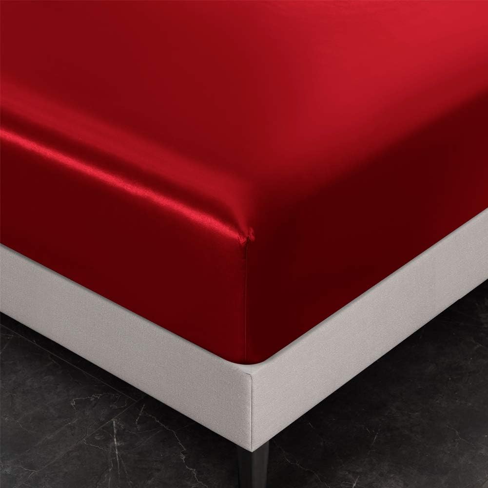 AiMay 6 Piece Satin Bedding Sheet Pillowcase Sets Deep Pocket Luxury Rich Silk Silky Super Soft Solid Color Reversible Sexy Honeymoon Stain-Resistant Wrinkle Free (Queen, Burgundy: Kitchen & Dining