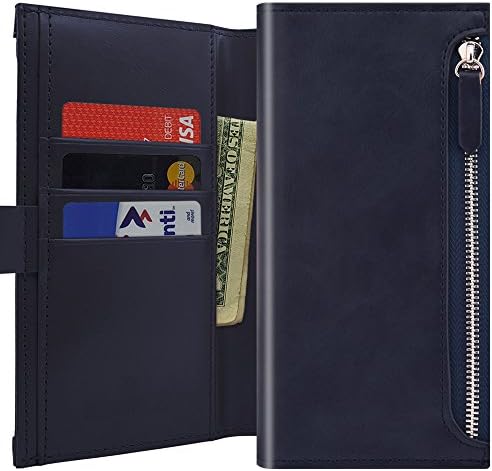 Qoosan Galaxy J5 Pro 2017 Wallet Case [Zipper] Protective PU Leather Flip Cover with Card Holder & Zipper Pocket - Dark Navy