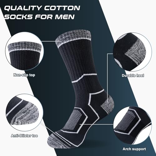 inaWarm Men's Cotton Hiking Socks, 5 Pairs, Cushioned and Breathable | 85% cotton with full cushioning and breathable mesh; moisture-wicking crew socks for walking, trekking, work and sports