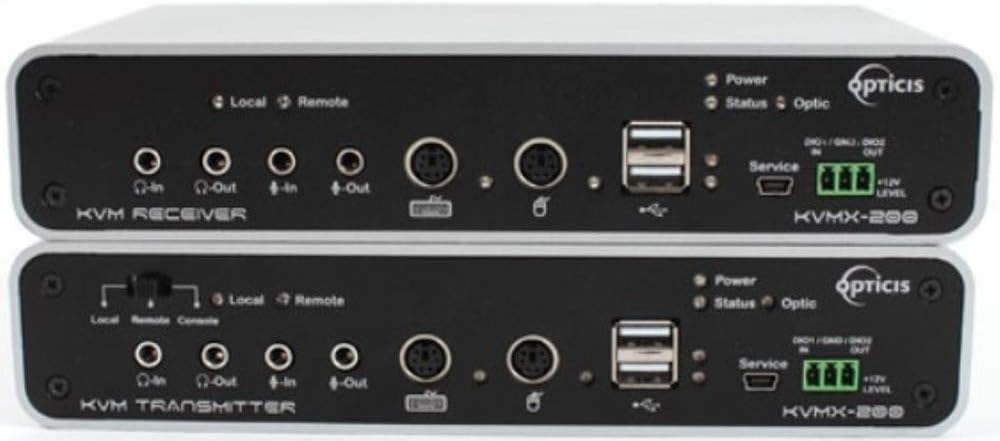 Opticis KVMX-202-TR Two Fiber MultiMode DVI KVM Extender; Transmits DVI, USB HID, PS/2, RS232 and Audio Signal Up to 300m (985 feet) Over Two LC Multimode Optical Fiber; Auto-Mix EDID