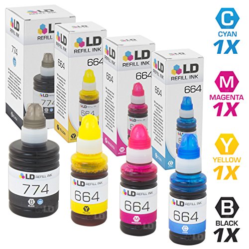 LD  Compatible Epson 664 / T664 / 774 / T774 Set of 4 Ink Bottles: T774120 HY Black, T664220 Cyan, T664320 Magenta & T664420 Yellow for Expression ET-3600 & WorkForce ET-16500, ET-4550