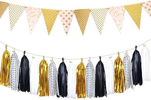 Sparkly Paper Pennant Bunting Banner Triangle Flags 8.5 Feet and Tissue Paper Tassel Garland 20 pcs for Birthday Party, Baby Shower, Vintage Home Wall Decoration, Gold+Black+White