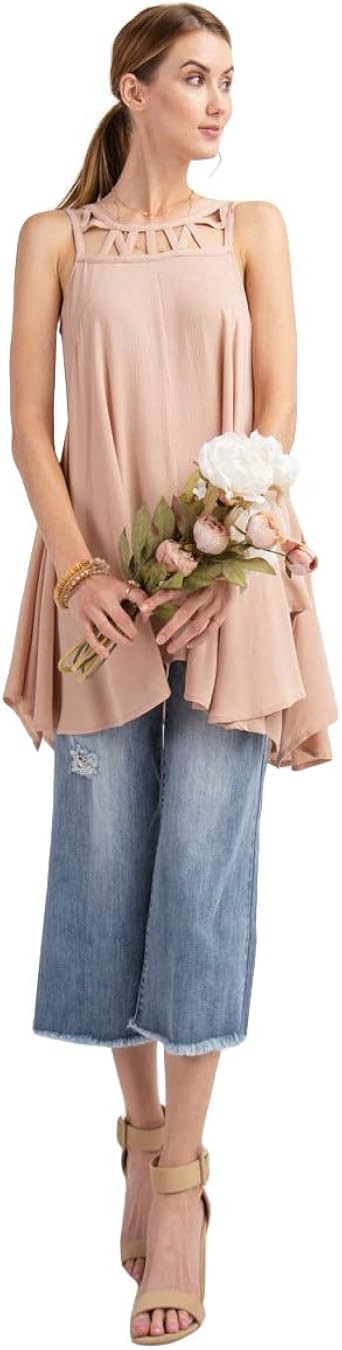 Easel Moonbeams Sleeveless Strappy Detail Lightweight Shark Bite Hem Top Tunic-Nude