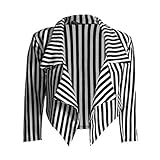 New Womens Black White Stripe Print Open Front Waterfall Crop Blazer Jacket Coat
