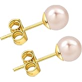 HAINBAG Freshwater Pearl Stud Earrings for Women, Hypoallergenic Earrings Studs with Genuine Round White Pearls