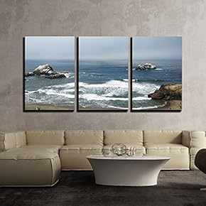 3 Piece Canvas Wall Art - Top View of Sea Shore - Modern Home Art Stretched and Framed Ready to Hang - 16"x24"x3 Panels
