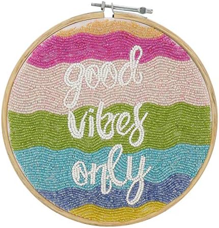 The Bombay Store - Good Vibes Only Wall Décor - Hand Embroidered Canvas on Wood Frame - 22 cms