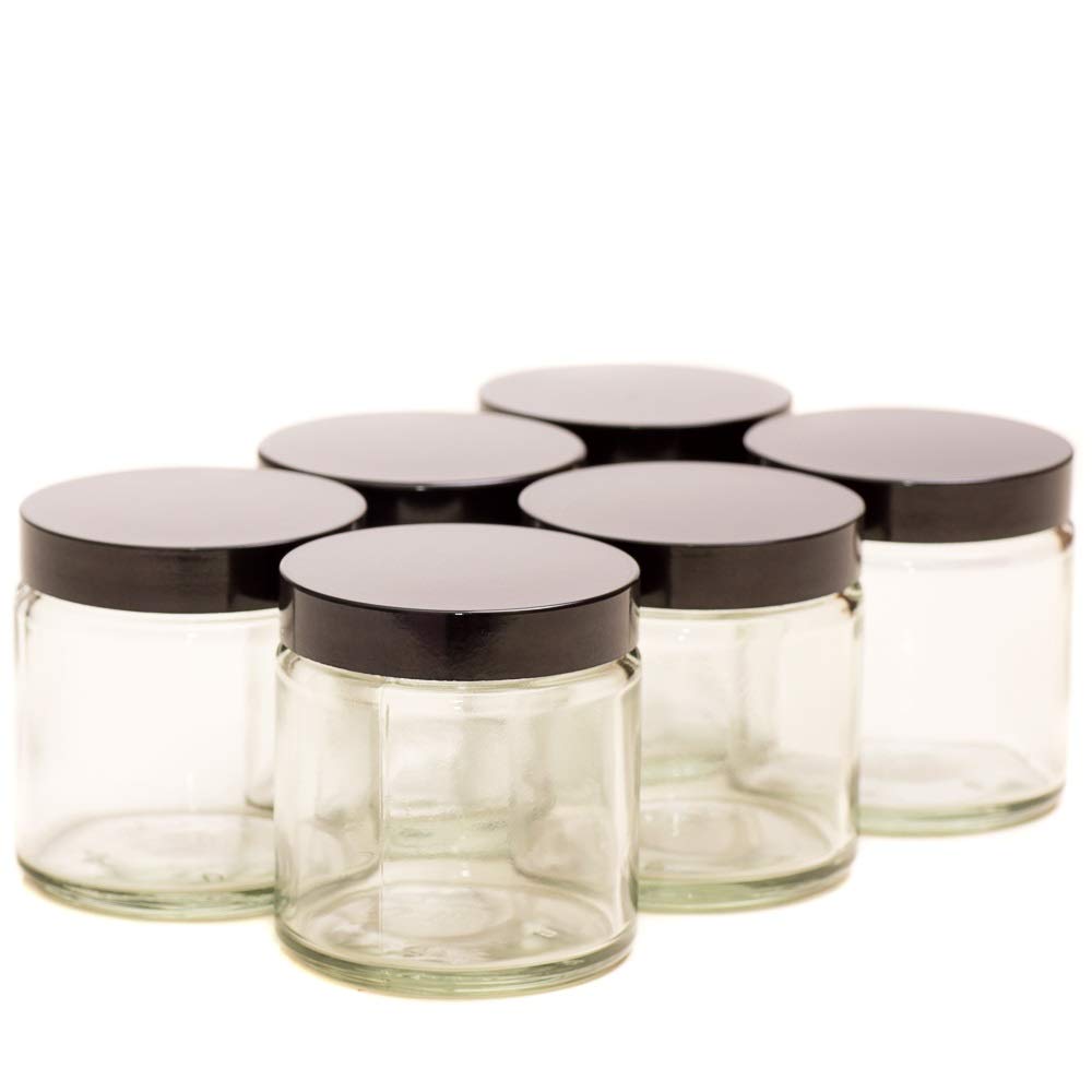 Pack of 6 Jars for Mixes and Aromatherapy Creams - Black Lids - Clear Glass - 120ml