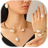 DEVINOTE Pearl Jewelry Set for Women,5 Pieces Baroque Pendant Necklace Ring Earrings Bracelet Irregular Pearl Choker Neckalce Jewelry Set Trendy Collar Neckacles Earring Ring Sets for Women