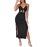 oten Womens Spaghetti Strap Sleeveless Maxi Dresses with Built in Bra Tie Front Cutout Side Slit Club Party Long Dress