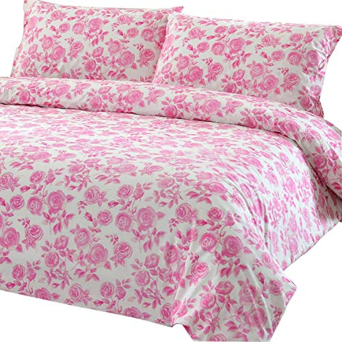 100% Cotton Pink Rose Floral Pattern Duvet Cover Set Full/queen on White Background "Duvet Cover and 2 Pillowcases Included"