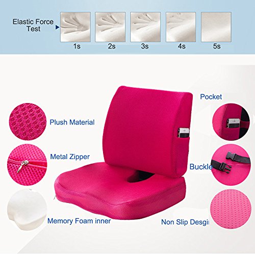 Qutool Seat Cushion Coccyx Orthopedic Memory Foam Lumbar Support Pillow with Non-slip Cover for Lower Back Tailbone and Sciatica Relief Office Chair Car Seat Pad with Adjustable Strap (Rose Red) - Thumbnail 3