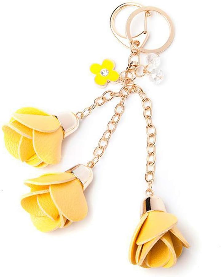 kanggest Tassel Rose Kechain Leather Rose Keyring Lovely Rose Key Chain Handbag Pendant Fashion Keychain for Women Lady Girls Phone Bag Ornaments Decoration(Yellow)