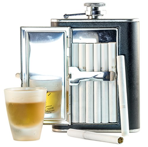 Perfect Pregame Flask - Cool 6 oz Stainless Steel and Leather Alcohol Flask with Compartment/Cigarette Case - For Men and Women - Drinking Flask for Liquor and Smokes