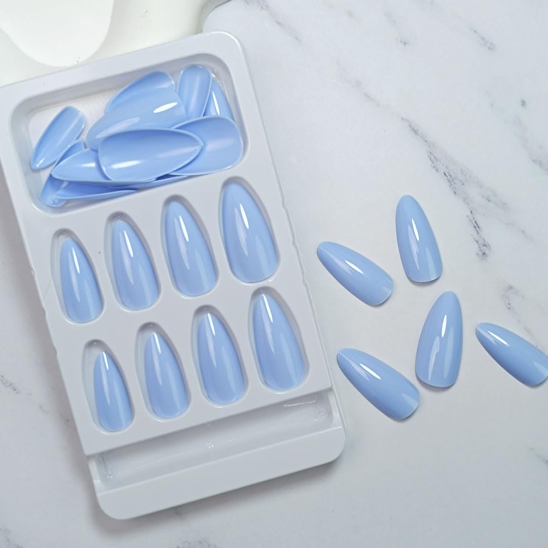 Light Blue Nails Press on Nails Almond Medium, Solid Color Glossy Fake Nails Press Ons Almond Shape, Stick on Nails for Women and Girls Daily Wear in 24PCS - Image 5
