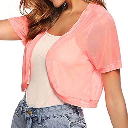 Summer Womens Tops Semi Sheer Short Sleeve Corp T-Shirt Chiffon Solid Basic Shrug Open Front Bolero Cardigan Tops Pink