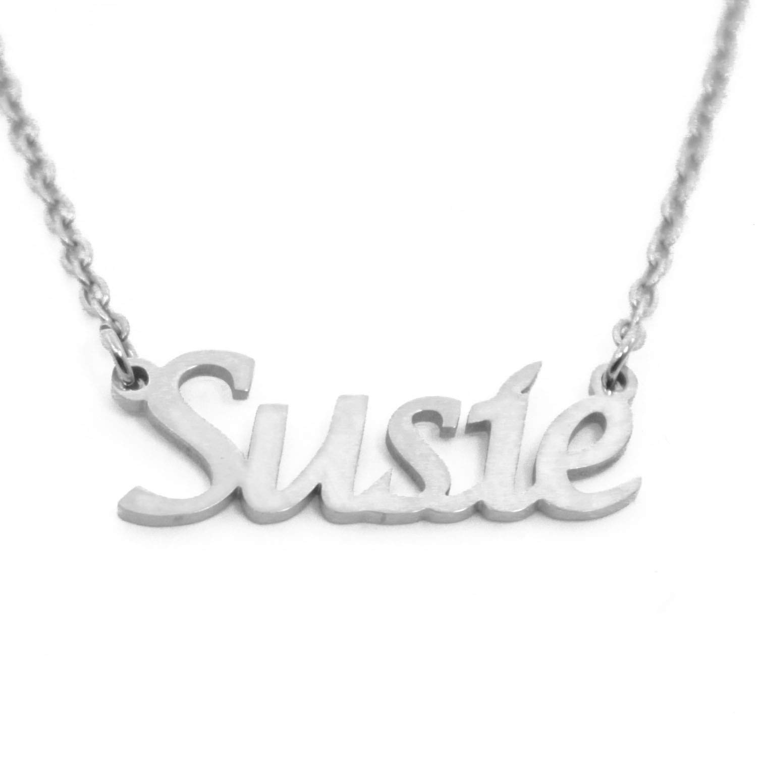 Kigu Name Necklace Susie - Silver Tone -Personalised Name Necklace,customised Jewellery for Women,Name Pendant Susie,Personalised Jewellery,Adjustable Chain 16" to 19",incl Gift Box,Bag,Pouch