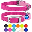 CollarDirect Leather Cat Collar, Cat Safety Collar with Elastic Strap, Kitten Collar for Cat with Bell Black Blue Red Orange Lime Green (Neck Fit 9"-11", Pink)