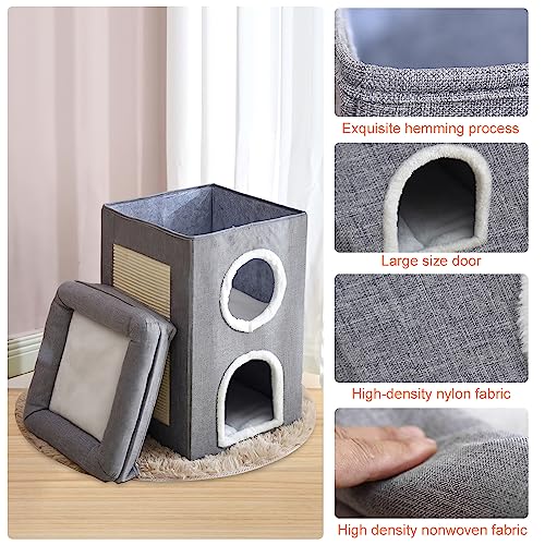 Foldable Cat House 2-in-1 Large Cats Cave Kitten Bed with Cube Cat Scratching Pad Collapsible Pet Hideaway Playground Kitten Tunnel Sleeping Cot Condo Furniture Baby Cat Stool Play Center(Grey)