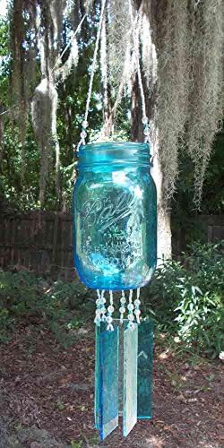 Aqua Ball Canning Jar, Pint Sized, Upcycled Into a Windchime with Stained Glass Chimes