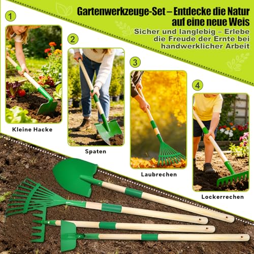 Garden Tools for Children, 10 Metal Garden Kit with Shovel, Rake, Fork, Work Gloves, Apron, Watering Can, Complete Garden Set for Kids, Outdoor Garden, Yard, Lawn (A)