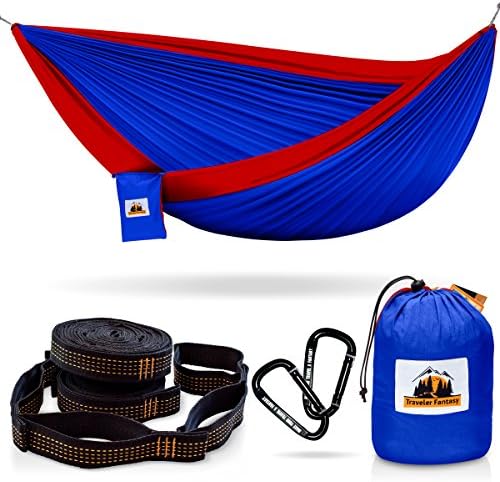 Double Camping Hammock by Traveler Fantasy, Complete All-in-One Set, Portable and Lightweight – Includes Double Parachute Hammock + 2 Heavy Duty 10' Straps + Strong Carabiners (Special Blue and Red)