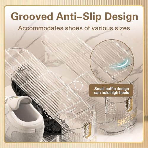 SUSOO 8 Pcs Double Shoe Slot Organizer, Adjustable Highth Shoe Stacker for Pair of Shoes, 50% Space-Saving Double Deck Shoe Rack Holder, Thickening Stability Clear Shoe Organizer for Closet Storage