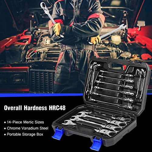 PROSTORMER 14-Piece Flex-Head Ratcheting Wrench Set, 6-19mm Chrome Vanadium Steel Ratchet Wrenches, Metric Combination Ended Spanner Kit with Storage Case
