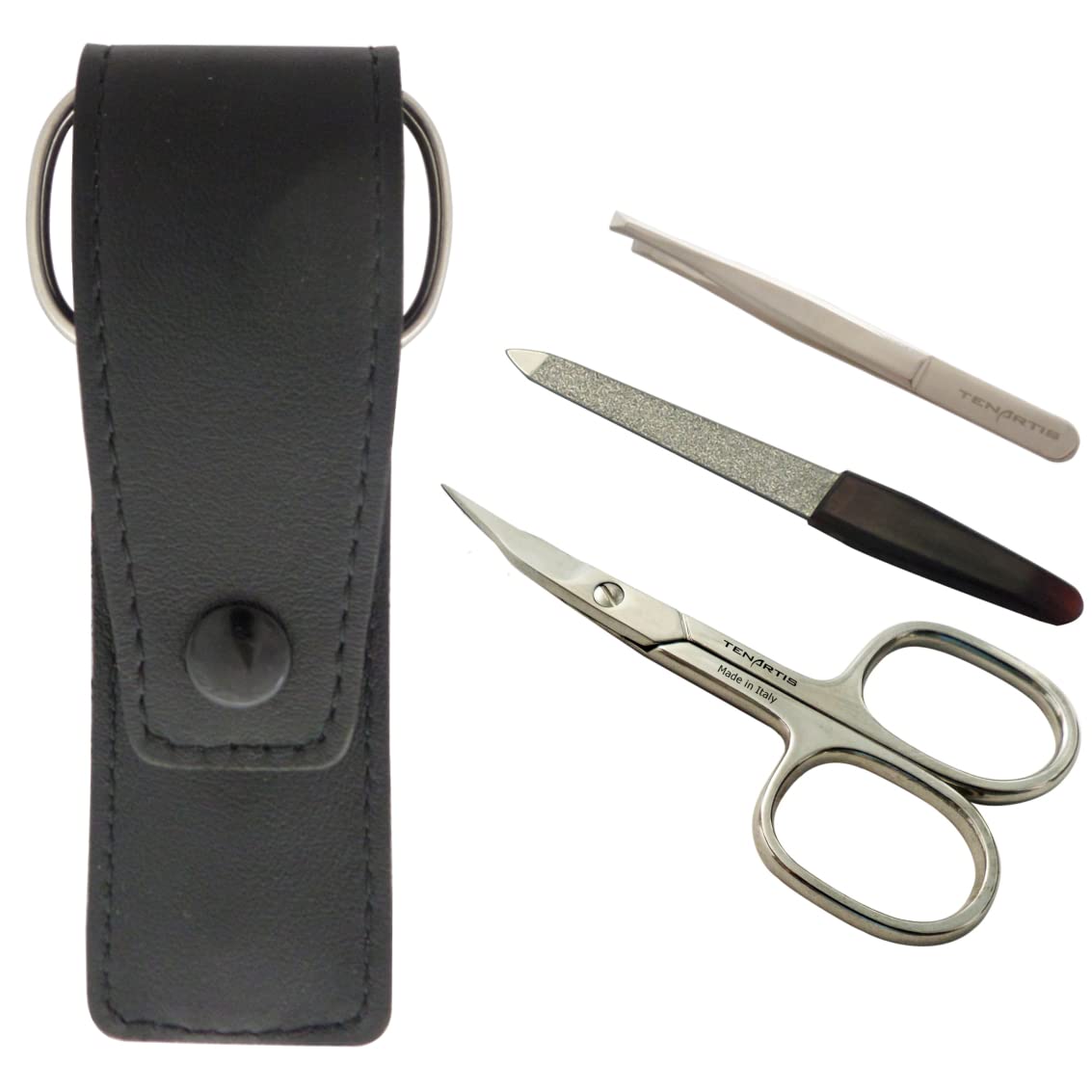 3-Piece Manicure Set with Nail Scissors, File & Tweezers in Genuine Leather Pouch - Tenartis Made in Italy (Black)