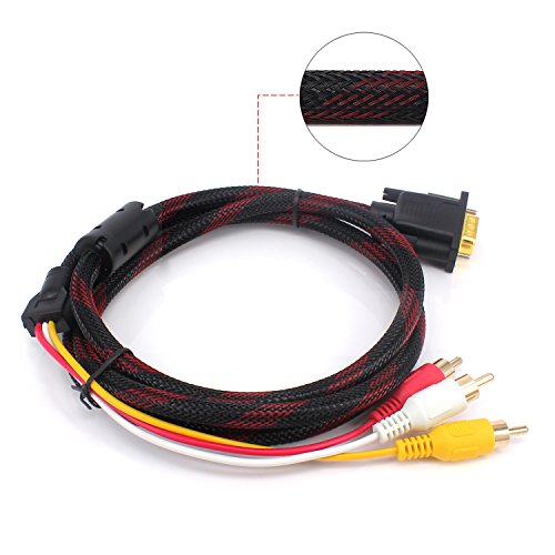 Yeworth 3RCA to VGA Cable, 5ft/1.5m Nylon Fiber Braided 3RCA Male to VGA Male Video Component Converter Adapter Cable Gold Plated for TV Monitor Projector - Thumbnail 3