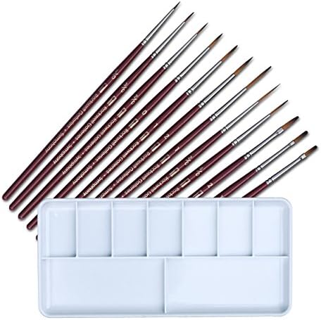 Detail Paint Brush Set and Paint Palette - 12 Detail Brushes, 1 Palette. Brushes are Handmade Miniature Brushes for Acrylic, Oil, Watercolor, Gouache.