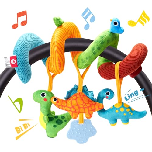 hahaland Prams Toys Babies 0 3 6 Months, Spiral Baby Carriage Hanging Toys Babies 6-12 Months, Plush Dinosaurs with Sounds Interactive Gifts for Baby