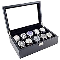 Caddy Bay Collection Black Carbon Fiber Glass Top Watch Case Holds 10 Large Watches... (Black)
