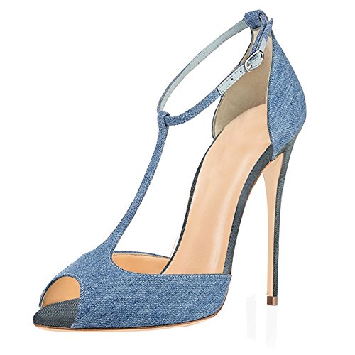 Eldof Womens High Heel Sandals| Peep Toe T-Strap 10cm Pumps | Ankle Buckle Wedding Dress Shoes Denim Patent US10.5