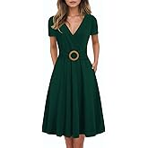 Summer Dresses for Women 2026 Elegant V Neck Short Sleeve Casual Cross Knee Length Dress Tea Party with Pockets D980