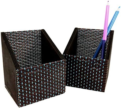 Bamboo Pencil Remote Control Holder Organizer 3.75" x 3.12" Brown Blue