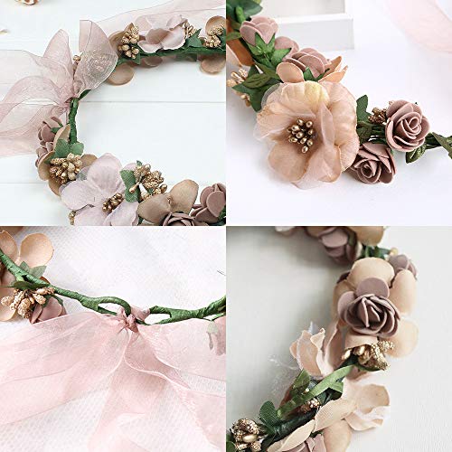 Flower Crown Headband Wreath Garland Hair Bands Floral Wedding Bridal Hair Hoop Women Leaf Ribbon Party Decoration Headdress Headwear Christmas Handmade Headpiece Hair Accessories 2 Pack Coffee - Thumbnail 4