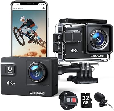 GA300 Caméra Action 4K, Étanche 40m avec Carte Mémoire 32 Go, WiFi 60FPS 24MP, Zoom 8X + Grand Angle 170° EIS, Télécommande 2.4G, Écran Tactile, 2X Batteries 1350mAh