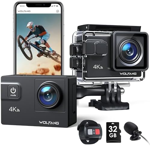 GA300 Caméra Action 4K, Étanche 40m avec Carte Mémoire 32 Go, WiFi 60FPS 24MP, Zoom 8X + Grand Angle 170° EIS, Télécommande 2.4G, Écran Tactile, 2X Batteries 1350mAh