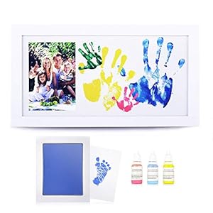 NWK DIY Family Photo + Family Hand/Footprints Kit with 10 X 17inch Elegant White Wood Picture Frame, Ink Pad, Non-Toxic…