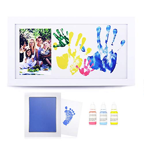 NWK DIY Family Photo + Family Hand/Footprints Kit with 10 X 17inch Elegant White Wood Picture Frame, Ink Pad, Non-Toxic Watercolor Paints, Baby Shower Family Christmas Gift for New Mom Dad